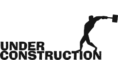 Dessin de la silhouette d'un homme qui frappe au marteau sur les mots 'En construction' en anglais
